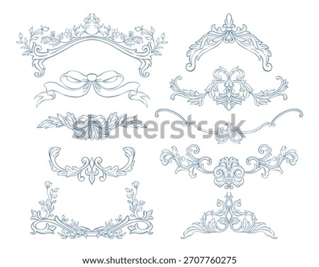Vintage baroque border set. Victorian hand drawn border frame, ornate with classic acanthus leaves and rustic florals. Whimsical decorative elements for wedding invitation, card, certificate, diploma.