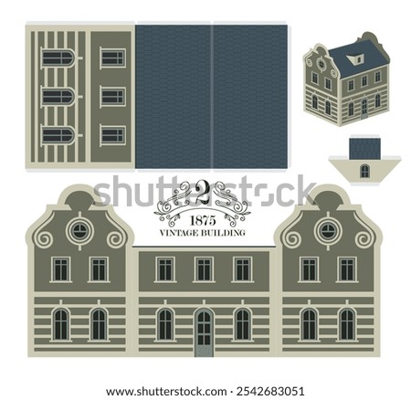 Vintage baroque building. Vector pattern mockup for paper or cardboard. Cute toy house