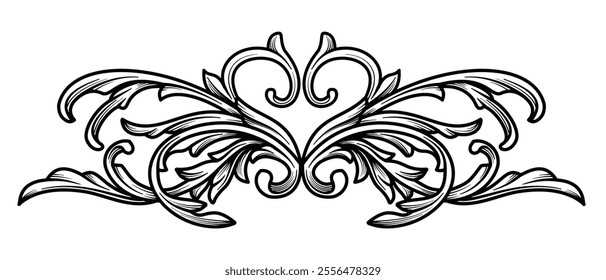 Vintage Baroque calligraphic border frame, Scroll floral, filigree, flourish element. Symmetrical  Arabesque heraldic Classical design vector illustration.