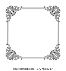 Vintage Baroque corner frame line art, elegant floral scroll ornament vector, decorative filigree border design.