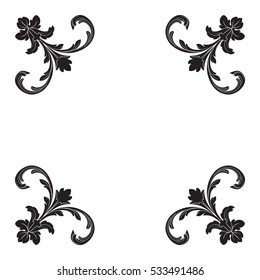 VIntage baroque corner ornament retro pattern antique style acanthus. Decorative design element filigree calligraphy vector. You can use for wedding decoration of greeting card and laser cutting.