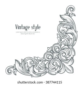 Vintage baroque corner. Retro  frame scroll  acanthus foliage swirl ornament engraving border.  Decorative  corner retro  design element. Corner hand draw vector. 