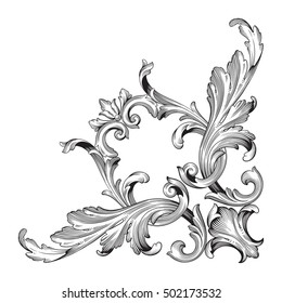 Vintage baroque corner scroll ornament engraving corner floral retro pattern antique style acanthus foliage swirl decorative design element filigree calligraphy. You can use for wedding invitation.