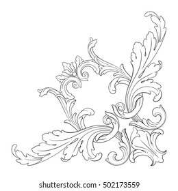 Vintage baroque corner scroll ornament engraving corner floral retro pattern antique style acanthus foliage swirl decorative design element filigree calligraphy. You can use for wedding invitation.