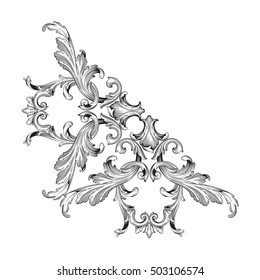 Vintage baroque corner scroll ornament engraving corner floral retro pattern antique style acanthus foliage swirl decorative design element filigree calligraphy. You can use for wedding invitation.