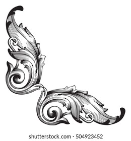 Vintage baroque corner scroll ornament engraving corner floral retro pattern antique style acanthus foliage swirl decorative design element filigree calligraphy. Element of Design.