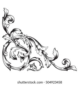 Vintage baroque corner scroll ornament engraving corner floral retro pattern antique style acanthus foliage swirl decorative design element filigree calligraphy. Element of Design.