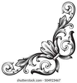 Vintage baroque corner scroll ornament engraving corner floral retro pattern antique style acanthus foliage swirl decorative design element filigree calligraphy. Element of Design.