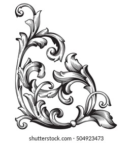 Vintage baroque corner scroll ornament engraving corner floral retro pattern antique style acanthus foliage swirl decorative design element filigree calligraphy. Element of Design.