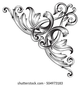 Vintage baroque corner scroll ornament engraving corner floral retro pattern antique style acanthus foliage swirl decorative design element filigree calligraphy. Element of Design.