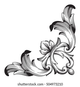 Vintage baroque corner scroll ornament engraving corner floral retro pattern antique style acanthus foliage swirl decorative design element filigree calligraphy. Element of Design.
