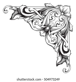 Vintage baroque corner scroll ornament engraving corner floral retro pattern antique style acanthus foliage swirl decorative design element filigree calligraphy. Element of Design.