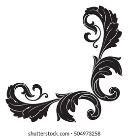 Vintage baroque corner scroll ornament engraving corner floral retro pattern antique style acanthus foliage swirl decorative design element filigree calligraphy. Element of Design.