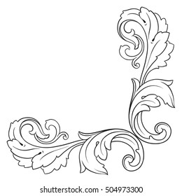 Vintage baroque corner scroll ornament engraving corner floral retro pattern antique style acanthus foliage swirl decorative design element filigree calligraphy. Element of Design.