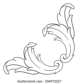 Vintage baroque corner scroll ornament engraving corner floral retro pattern antique style acanthus foliage swirl decorative design element filigree calligraphy. Element of Design.