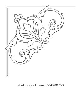 Vintage baroque corner scroll ornament engraving corner floral retro pattern antique style acanthus foliage swirl decorative design element filigree calligraphy. Element of Design.