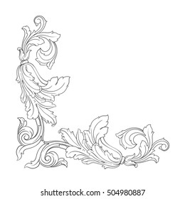 Vintage baroque corner scroll ornament engraving corner floral retro pattern antique style acanthus foliage swirl decorative design element filigree calligraphy. Element of Design.