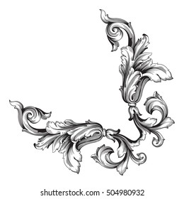 Vintage baroque corner scroll ornament engraving corner floral retro pattern antique style acanthus foliage swirl decorative design element filigree calligraphy. Element of Design.