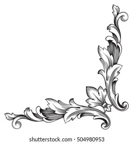 Vintage baroque corner scroll ornament engraving corner floral retro pattern antique style acanthus foliage swirl decorative design element filigree calligraphy. Element of Design.