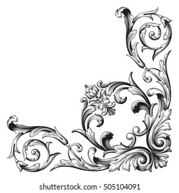 Vintage baroque corner scroll ornament engraving corner floral retro pattern antique style acanthus foliage swirl decorative design element filigree calligraphy. Element of Design.