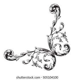 Vintage baroque corner scroll ornament engraving corner floral retro pattern antique style acanthus foliage swirl decorative design element filigree calligraphy. Element of Design.