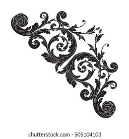 Vintage baroque corner scroll ornament engraving corner floral retro pattern antique style acanthus foliage swirl decorative design element filigree calligraphy. Element of Design.