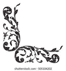 Vintage baroque corner scroll ornament engraving corner floral retro pattern antique style acanthus foliage swirl decorative design element filigree calligraphy. Element of Design.