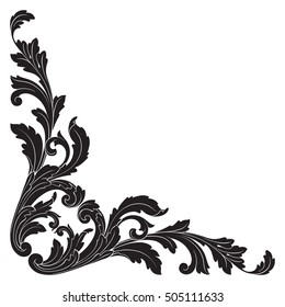 Vintage baroque corner scroll ornament engraving corner floral retro pattern antique style acanthus foliage swirl decorative design element filigree calligraphy. Isolated corner element of Design.