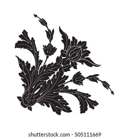 Vintage baroque corner scroll ornament engraving corner floral retro pattern antique style acanthus foliage swirl decorative design element filigree calligraphy. Isolated corner element of Design.