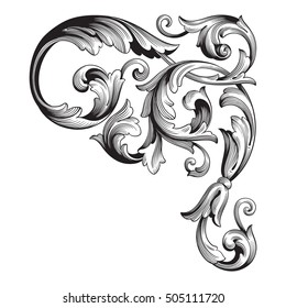 Vintage baroque corner scroll ornament engraving corner floral retro pattern antique style acanthus foliage swirl decorative design element filigree calligraphy. Isolated corner element of Design.