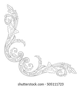 Vintage baroque corner scroll ornament engraving corner floral retro pattern antique style acanthus foliage swirl decorative design element filigree calligraphy. Isolated corner element of Design.