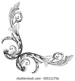 Vintage baroque corner scroll ornament engraving corner floral retro pattern antique style acanthus foliage swirl decorative design element filigree calligraphy. Isolated corner element of Design.
