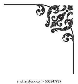 Vintage baroque corner scroll ornament engraving corner floral retro pattern antique style acanthus foliage swirl decorative design element filigree calligraphy. Isolated corner element of Design. 
