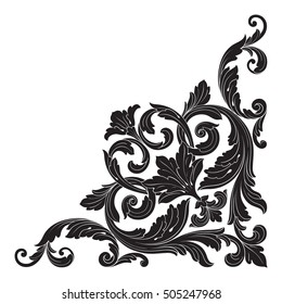 Vintage baroque corner scroll ornament engraving corner floral retro pattern antique style acanthus foliage swirl decorative design element filigree calligraphy. Isolated corner element of Design. 