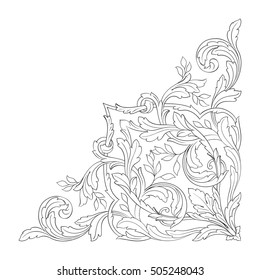 Vintage baroque corner scroll ornament engraving corner floral retro pattern antique style acanthus foliage swirl decorative design element filigree calligraphy. Isolated corner element of Design. 