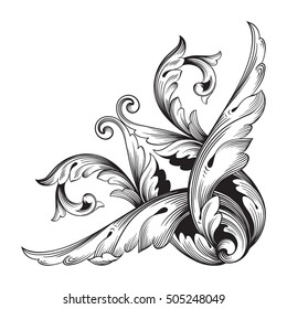 Vintage baroque corner scroll ornament engraving corner floral retro pattern antique style acanthus foliage swirl decorative design element filigree calligraphy. Isolated corner element of Design. 