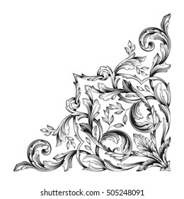 Vintage baroque corner scroll ornament engraving corner floral retro pattern antique style acanthus foliage swirl decorative design element filigree calligraphy. Isolated corner element of Design. 