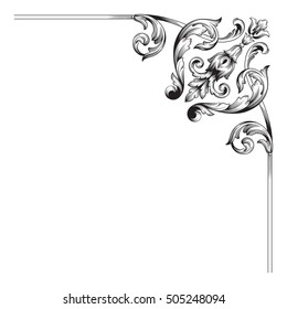 Vintage baroque corner scroll ornament engraving corner floral retro pattern antique style acanthus foliage swirl decorative design element filigree calligraphy. Isolated corner element of Design. 