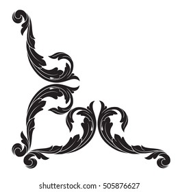 Vintage baroque corner scroll ornament engraving corner floral retro pattern antique style acanthus foliage swirl decorative design element filigree calligraphy. Isolated corner element of Design.