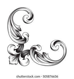 Vintage baroque corner scroll ornament engraving corner floral retro pattern antique style acanthus foliage swirl decorative design element filigree calligraphy. Isolated corner element of Design.