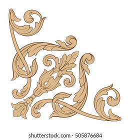 Vintage baroque corner scroll ornament engraving corner floral retro pattern antique style acanthus foliage swirl decorative design element filigree calligraphy. Isolated corner element of Design.