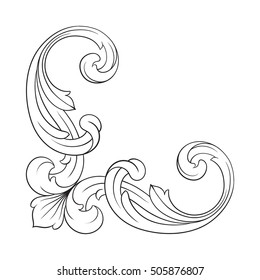 Vintage baroque corner scroll ornament engraving corner floral retro pattern antique style acanthus foliage swirl decorative design element filigree calligraphy. Isolated corner element of Design.