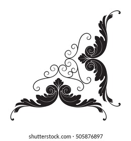 Vintage baroque corner scroll ornament engraving corner floral retro pattern antique style acanthus foliage swirl decorative design element filigree calligraphy. Isolated corner element of Design.