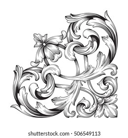 Vintage baroque corner scroll ornament engraving