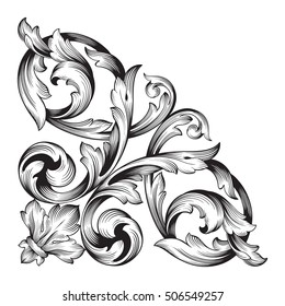 Vintage baroque corner scroll ornament engraving