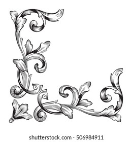 Vintage baroque corner scroll ornament engraving