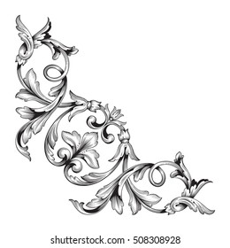 Vintage baroque corner scroll ornament engraving