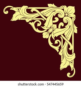 Vintage baroque corner scroll ornament engraving corner floral retro pattern antique style acanthus foliage swirl decorative design element filigree calligraphy. Isolated corner element of Design.
