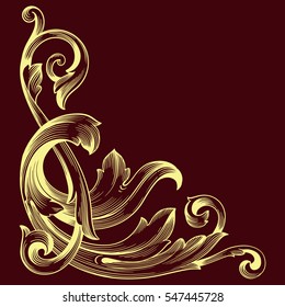 Vintage baroque corner scroll ornament engraving corner floral retro pattern antique style acanthus foliage swirl decorative design element filigree calligraphy. Isolated corner element of Design.