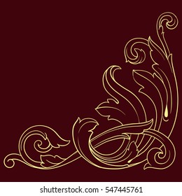 Vintage baroque corner scroll ornament engraving corner floral retro pattern antique style acanthus foliage swirl decorative design element filigree calligraphy. Isolated corner element of Design.